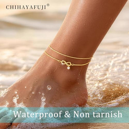 Sterling Silver Ankle Bracelets for Women Gold Waterproof Non Tarnish Beaded Chain Layered Stacking Dainty Butterfly Plus Size Large Anklet Summer Beach Vacation Jewelry Gift - color: gold2