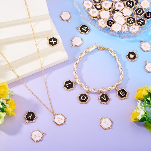 Cheriswelry Letter Alphabet Charm for Jewelry Making Initial Letter A-Z Pendants Flat Round Hexagon Alloy Enamel Charms for Necklace Bracelet Earring Jewelry Making DIY Craft - color: Black&White