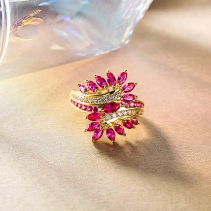Statement Flower Ring Cocktail Leaf Ring Birthstone Anniversary Signet Ring | Hypoallergenic|14K Gold Plated|Sterling Silver Sparkling Engagement Promise Party Ring for Women, Size 6 to 10(With Box) - color: Leaf - Ruby