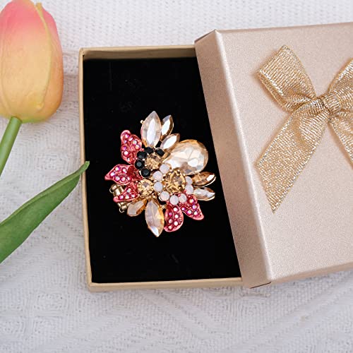 CSY Luxury Froral Cocktail Statement Rings Stretch Adjustable Ring | Gorgeous Women's Austrian Crystal Leaves Flower Big Cocktail Statement Rings Stretch Adjustable Ring Jewelry Accessories - color: red and champagne