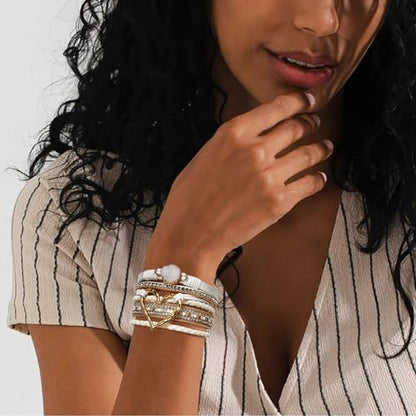 Suyi Multilayer Leather Wrap Bracelet Heart-Shape Wide Bracelets for Women - color: White