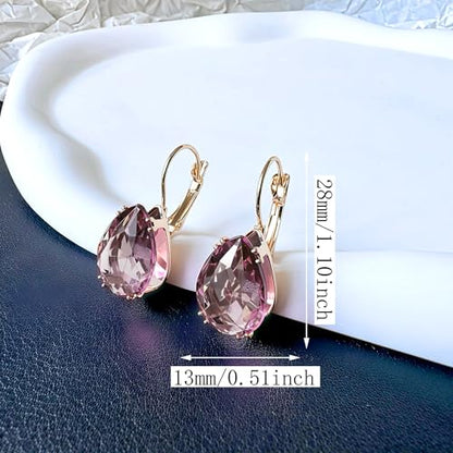 14K Gold Teardrop Crystal Leverback Earrings Sparkly Rhinestone Water Droplet Dangle Drop Earrings For Women - color: Wine Red