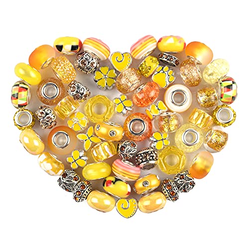 Aipridy European Large Hole Beads, Colorful Glass Charm Beads Set, Assorted Patterns and Designs Rhinestone Craft Beads for DIY Bracelet Jewelry Making (60, Lemon Resin+Alloy) - color: Lemon Resin+Alloy