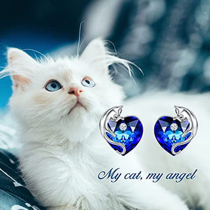 AOBOCO 925 Sterling Silver Cute Cat Studs Earrings for Women | Heart Crystals from Austira Cats Jewelry Gifts for Cat Lovers - color: Sapphire Blue