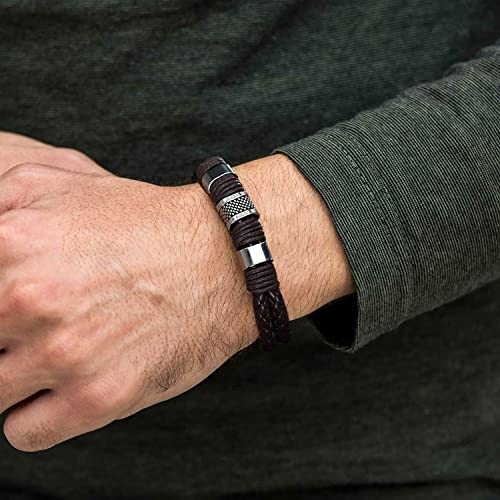 RIOSO 6 Pieces Mens Leather Bracelet Stainless Steel Multi-layer Braided Black Leather Bracelets for Men