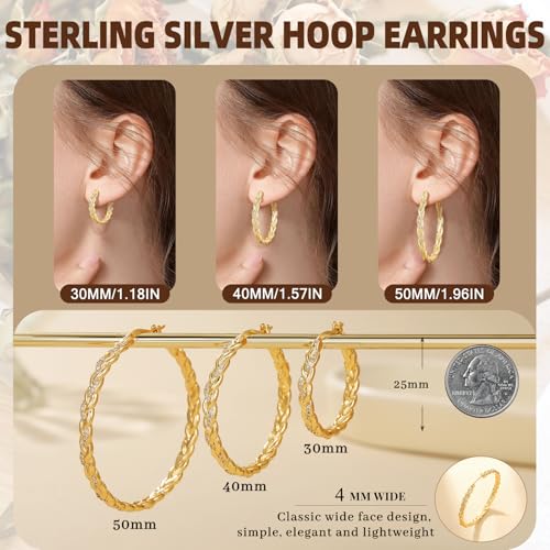 Senteria Silver Twisted Hoops Earring for Women Hypoallergenic Sterling Silver Post Hoop Earrings with AAA+ Cubic Zirconia 14K Gold Plated Hoop Earrings for Women 30/40/50MM - color: Gold-30MM