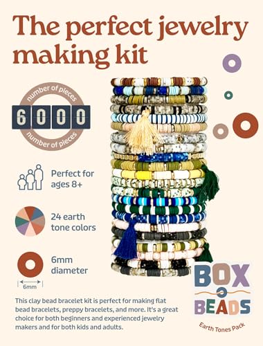 Box-O-Beads Earth Tones Clay Beads Bracelet Making Kit – 6,000 Pieces Premium Friendship Bracelet Jewelry Making Kit – Creative Arts and Crafts Kit Gift for Girls Ages 10–12