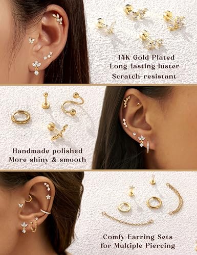 Cartilage Earrings for Women - 14K Gold Plated Flat Back Helix Conch Tragus Piercing Jewelry Single Stainless Steel Stud Earrings Hoops Stackable Set - color: Gold Tone