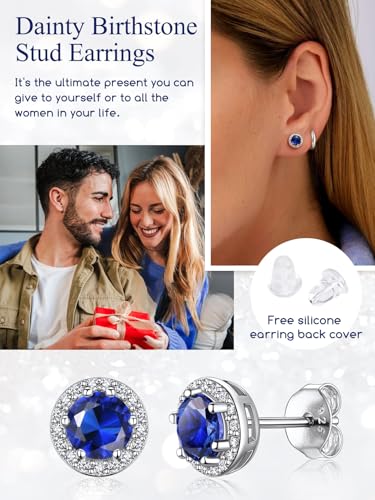 Suplight 925 Sterling Silver Birthstone Stud Earrings for Women, Round/Heart/Teardrop/Square Crystal Diamond Earrings for Women, Dainty Birthday Gifts Jewelry - color: style a-09. round-September(Created Sapphire)