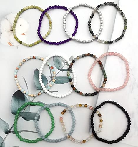 FIRAZIO 20Pcs 4mm Gemstone Beaded Bracelets for Women Mens | Crystal Stone Bracelet Stretch Mini Round Beads Elastic Bracelets Jewelry Gift