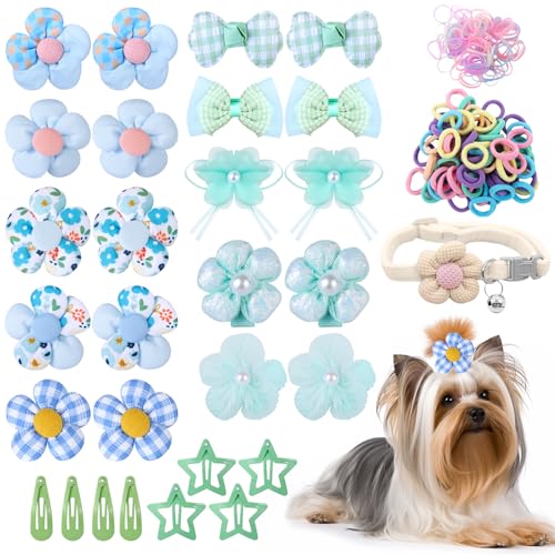 180+ Pcs Green Dog Hair Accessories Set,Small Dog Hair Bows with Rubber Bands,Cute Puppy Hair Ties,Bowties for Small Dogs Cats,Dog Hair Clip,Floral Bell Collar,Flower Scrunchie - color: Green
