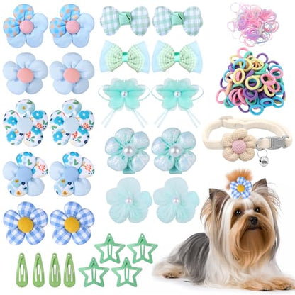 180+ Pcs Green Dog Hair Accessories Set,Small Dog Hair Bows with Rubber Bands,Cute Puppy Hair Ties,Bowties for Small Dogs Cats,Dog Hair Clip,Floral Bell Collar,Flower Scrunchie - color: Green