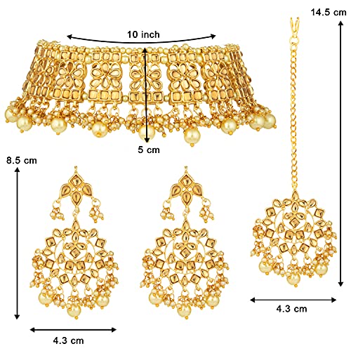 Aheli Elegant Indian Faux Kundan Studded Choker Necklace with Maang Tikka Set Ethnic Wedding Wear Bharatanatyam jewellery set Gift for Women - color: Gold