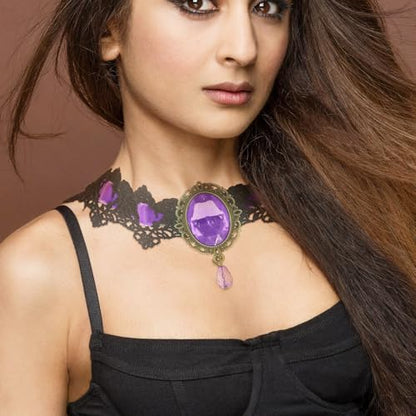 CSIYANJRY99 Gothic Choker Necklace for Women Halloween Red Crystal Vampire Choker Steampunk Lace Choker Witch Costume Accessories - style: Purple