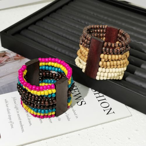 Caiyao Bohemian Wooden Beaded Stretch Bracelet Wide Chunky Bangle Beads Jewelry Wood Elastic Wristband for Women-Brown - style: 00B