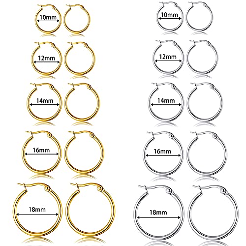 5-10 Pairs Small Gold Silver Hoop Earrings for Women, Stainless Steel Earrings Set Mens Lightweight Thin Hypoallergenic Small Hoops Set - style: 10pcs-Gold+Silver-2