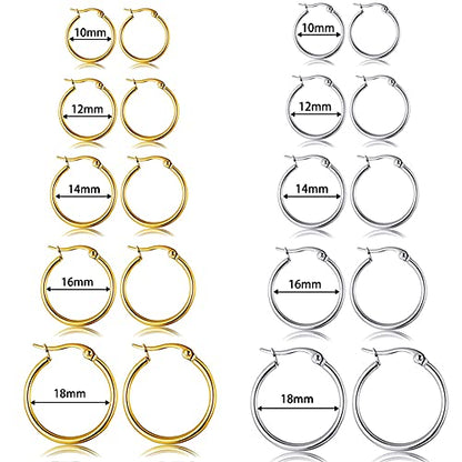 5-10 Pairs Small Gold Silver Hoop Earrings for Women, Stainless Steel Earrings Set Mens Lightweight Thin Hypoallergenic Small Hoops Set - style: 10pcs-Gold+Silver-2