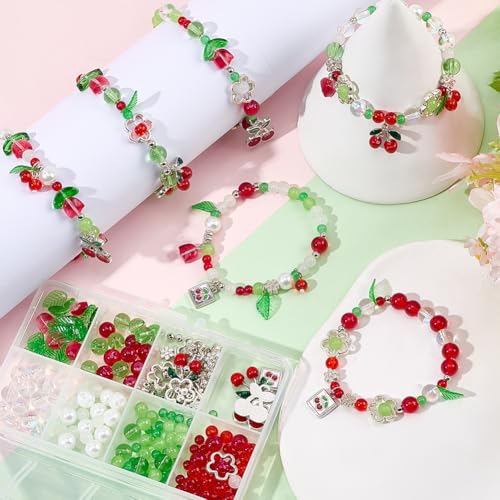 SUNNYCLUE 1 Box DIY 6 Sets Christmas Bracelet Making Kit Cherry Charms Metal Alloy Enamel Green Leaves Red Fruits Food Cherry Dangle Baking Painted Glasses Beads Charm for Jewelry Making Kits Starter - style: Cherry 1