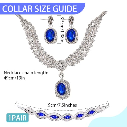 3-Piece Royal Blue Bridal Jewelry Sets Necklace Earrings Bracelet for Women Wedding Prom Accessories