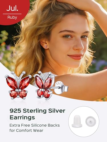 ChicSilver 925 Sterling Silver Bow/Butterfly Earrings for Women Hypoallergenic Birthstone Earrings Dainty Bow/Butterfly Jewelry Gift for Women - color: Butterfly-July-Ruby