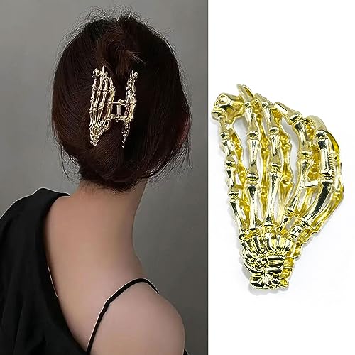 Metal Skull Hand Hair Clip, 1pcs Gold Hair Clip with Skull Design for Thin Hair, Punk Style Hair Accessory, Non-Slip Grip for Daily and Halloween Hairstyle - color: Gold