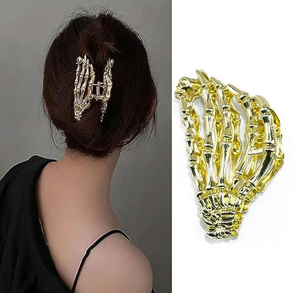 Metal Skull Hand Hair Clip, 1pcs Gold Hair Clip with Skull Design for Thin Hair, Punk Style Hair Accessory, Non-Slip Grip for Daily and Halloween Hairstyle - color: Gold