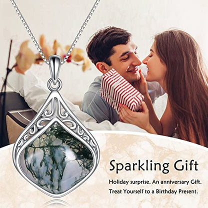 YAFEINI Teardrop Necklace Sterling Silver Filigree Irish Pendant Necklace Natural Stone Moonstone/Lapis Lazuli/Larimar/Moss Agate Necklace Jewelry - color: Moss agate teardrop necklace