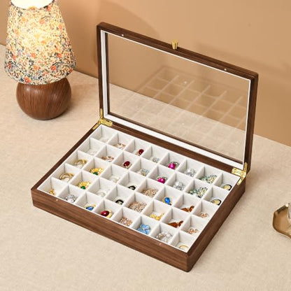 Black Walnut Wooden Jewelry Box, 40 Grid Earring Display Case for Women | Solid Wood, Earrings Organizer, Rings Stud Holder, Jewelry Tray, Glass Lid, Handcrafted, Velvet Lined, Gifts for Girls Mom - color: 40 Grids Jewelry Box