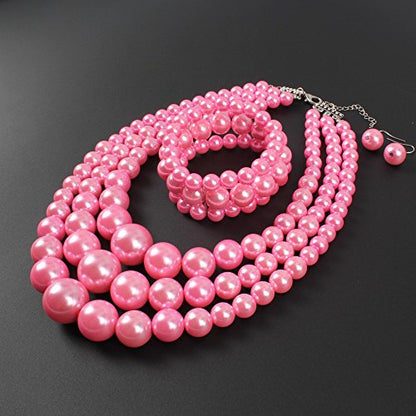 KOSMOS-LI Women's 3 Layer Simulated Pearl Statement 18" Necklace Bracelet and Earrings Jewelry Set Stocking Stuffers - color: pink