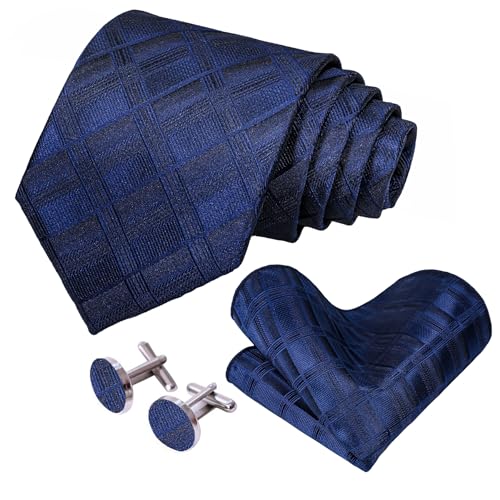 5PCS Mens Silk Tie, Pocket Square, Cufflinks, Drilled Tie Ring and Lapel Pin Set for Wedding Groom Party - color: Blue Plaid Tie Set -228+18