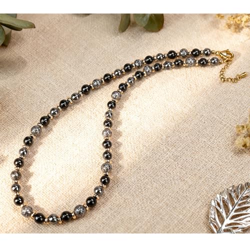 Beaded Necklaces for Women 3Pcs Colorful Boho Gemstone Bead Choker Summer Natural Stone Surfer Beach Bead Necklace Bracelets Earring Set Handmade Jewelry for Women Gift Jewelry Sets - color: Black/Grey