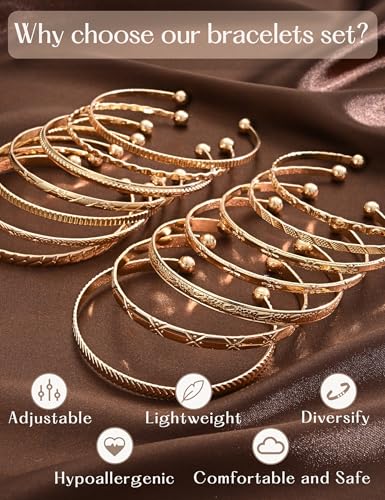 YEEZII Gold Bangle Bracelets for Women, 12 Pcs Indian Boho Stackable Set, Multi Layer Textured 14K Gold Plated Adjustable Bracelets Jewelry Set - color: GoldC-14Pcs