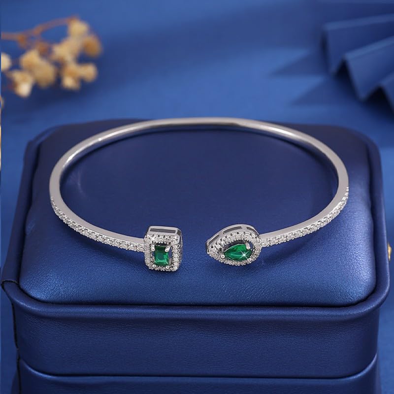 Elegant Versatile Youthful Bracelet, Delicate Water Drop & Square Stone Cuff Bangle for Women - color: Silver-Green, size: One Size