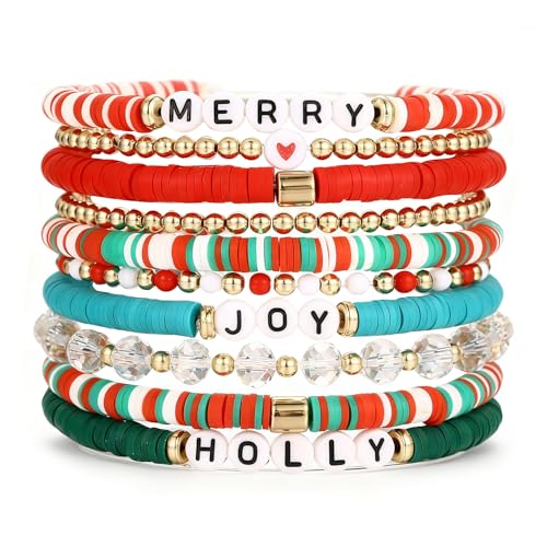iF YOU 13pcs Boho Brown Gold Beaded Stretch Bracelets for Women, Heishi Clay Surfer Stackable Bracelet Stacks Summer Beach Jewelry - style: Red & Green Clay Bracelets