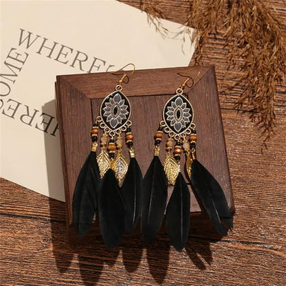 Dreuyet Boho Long Feather Drop Dangle Earrings for Women Retro Bohemian Ethnic Fringe Multicolor Tassel Feather Earring Handmade Statement Dream Catcher Earrings Jewelry - color: Black Teardrop