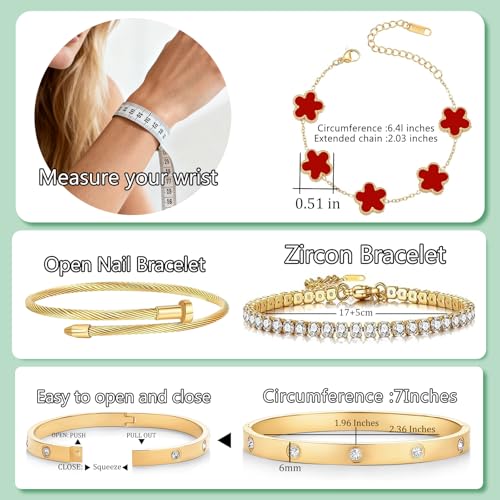 Gold Bracelets for Women, 18K Gold Plated Women Tennis Bracelets Clover Nail Love Bangle Bracelet Set, Gold Bracelet Stackable Set Trendy Jewelry, Gifts for Women's Day and Mother's Day - color: 05-Color-red