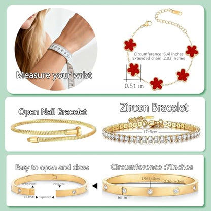 Gold Bracelets for Women, 18K Gold Plated Women Tennis Bracelets Clover Nail Love Bangle Bracelet Set, Gold Bracelet Stackable Set Trendy Jewelry, Gifts for Women's Day and Mother's Day - color: 05-Color-red