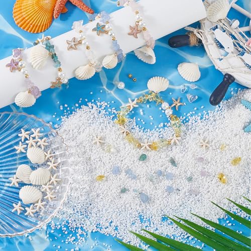 SUNNYCLUE 1 Box 6 Sets Stone Bracelet Making Kit Clam Shell Beads Ocean Beach Light Gold Enamel Starfish Sea Shell Natural Stone Chip Spacer Bead Charms for Jewelry Making Kits Women Beginner - style: Ocean 2