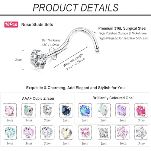 SEEDRILL Nose Rings Studs for Women 16Pcs 20G/18G Nose Studs Hypoallergenic 316L Surgical Steel Nose Piercings Jewelry 3mm CZ & Opal Nose Ring L Shape Nose Stud 20 Gauge Nose Screw Studs - style: 18G/Screw Shape/Colorful CZ
