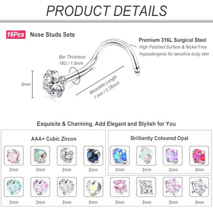SEEDRILL Nose Rings Studs for Women 16Pcs 20G/18G Nose Studs Hypoallergenic 316L Surgical Steel Nose Piercings Jewelry 3mm CZ & Opal Nose Ring L Shape Nose Stud 20 Gauge Nose Screw Studs - style: 18G/Screw Shape/Colorful CZ