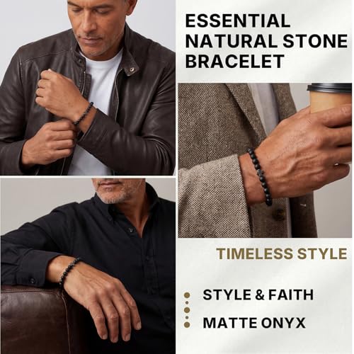 Flybar Men's 4 Piece Beaded Bracelet Set, Natural Lava Stone Black Onyx Matte Agate Tiger Eye, Stretchable Elastic Handmade Stackable - color: CK15 Matte Black Cross