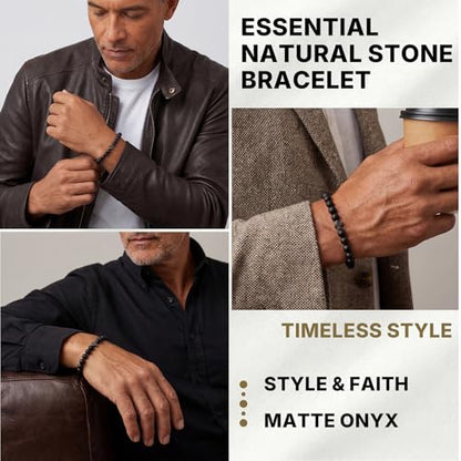 Flybar Men's 4 Piece Beaded Bracelet Set, Natural Lava Stone Black Onyx Matte Agate Tiger Eye, Stretchable Elastic Handmade Stackable - color: CK15 Matte Black Cross