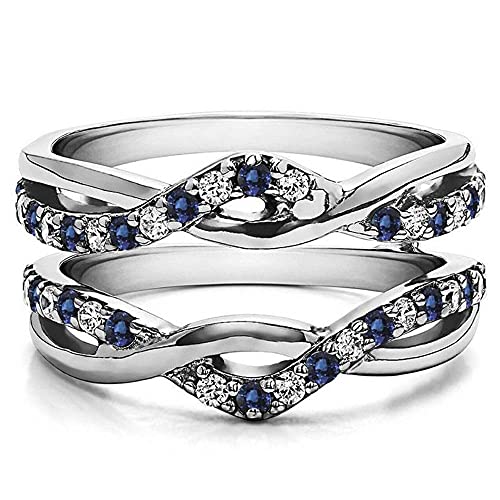 V Touch Round Cut Created Blue Sapphire & CZ Enhancer Engagement Wrap Ring for Womens 925 Sterling Silver