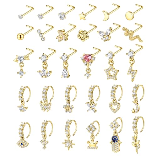 WAINIS 30Pcs 20G Dangle Nose Ring for Women 14K Golden Silver Plated | L Shaped Dangling Nose Stud,Surgical Steel Nose Ring Studs,Dainty Flower Heart Moon Star Dangle Rings Hoops Nose Piercing - color: gold2