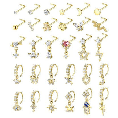 WAINIS 30Pcs 20G Dangle Nose Ring for Women 14K Golden Silver Plated | L Shaped Dangling Nose Stud,Surgical Steel Nose Ring Studs,Dainty Flower Heart Moon Star Dangle Rings Hoops Nose Piercing - color: gold2
