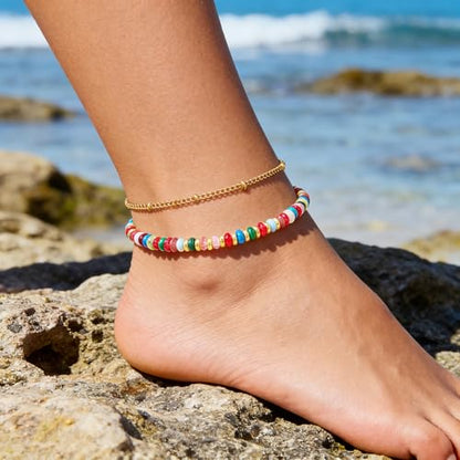 Ankle Bracelet for Women Natural Stone Colorful Beaded Boho Layered Anklet 14K Gold Plated Adjustable Beads Chain 2Pcs Anklets Set Handmade Summer Beach Jewelry - color: Colorful Beaded