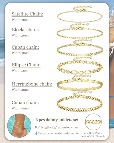 Besteel Ankle Bracelets for Women Waterproof 14K Gold Plated Anklets Set | Non Tarnish Stainless Steel, Plus Size Adjustable 8-12 Inch, Hypoallergenic Layered Cuban Link Chain Summer Foot Jewelry Gift - style: 6 Pcs Gold Bead-8.5+2.5 Inch