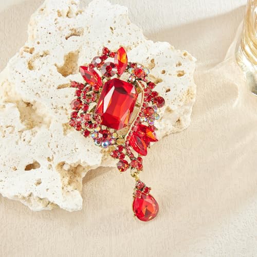 YOQUCOL Retro Austrian Crystal Big Brooch Pin for Women Large Flower Shape Brooches Lapel Pins for Sweater,Coat Dress Accessories - color: B-Red