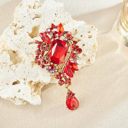 YOQUCOL Retro Austrian Crystal Big Brooch Pin for Women Large Flower Shape Brooches Lapel Pins for Sweater,Coat Dress Accessories - color: B-Red
