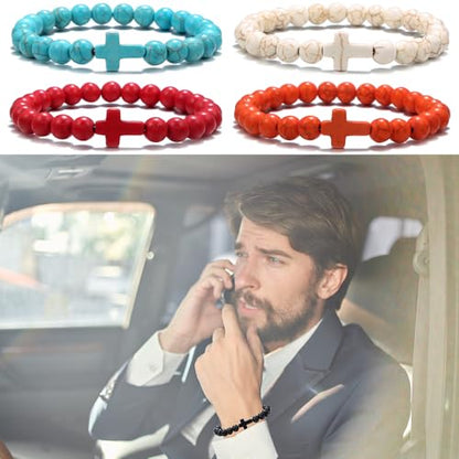 Beaded Bracelets Cross Bracelet for Women Men Lava Rock Turquoise Tiger Eye Natural Bracelet Anxiety Healing - color: 6Pcs-coloured cross 1